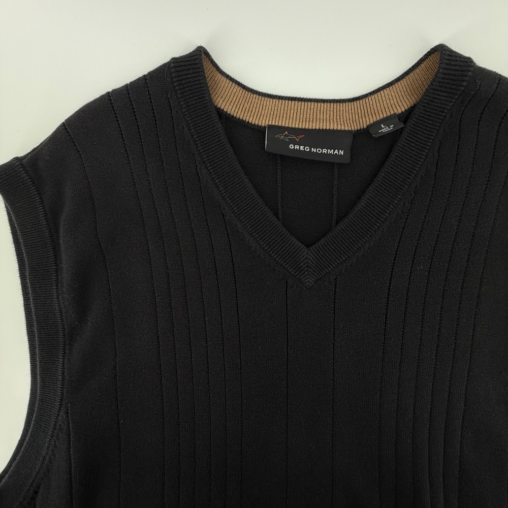 Greg Norman Mens V Neck Ribbed Knit Sweater Vest Black Size L Golf Casual Black